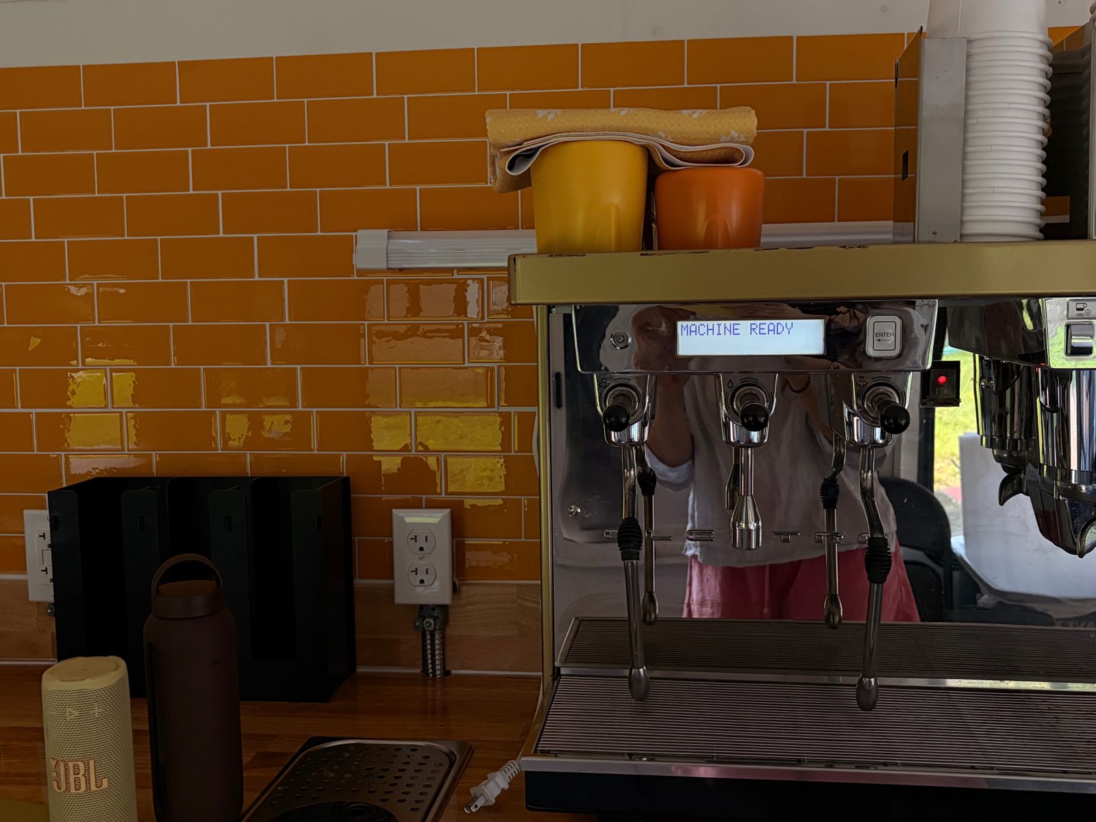 Machine Ready — the Maranatha Coffee Bus espresso machine warming up