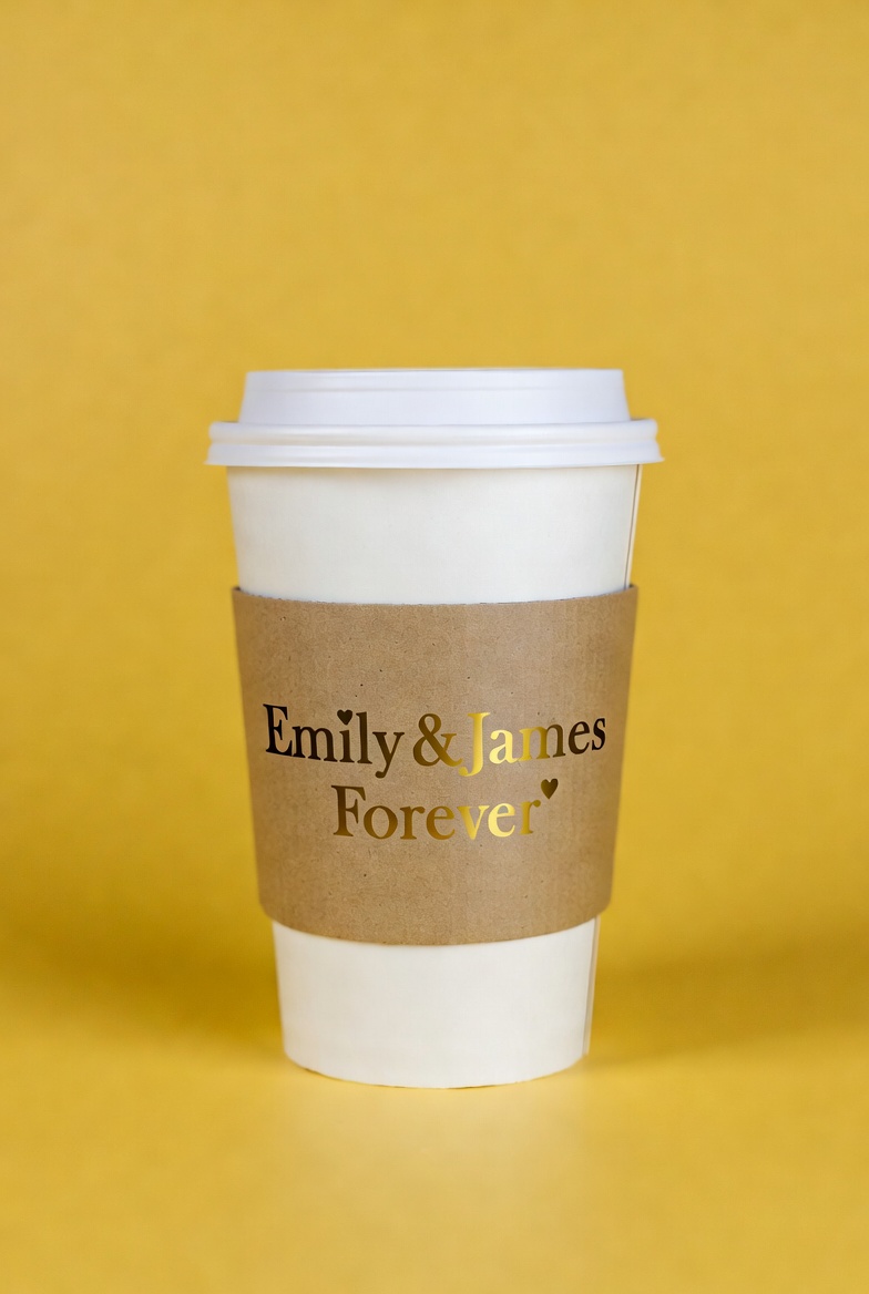 Gold foil wedding cup sleeve — Emily & James Forever